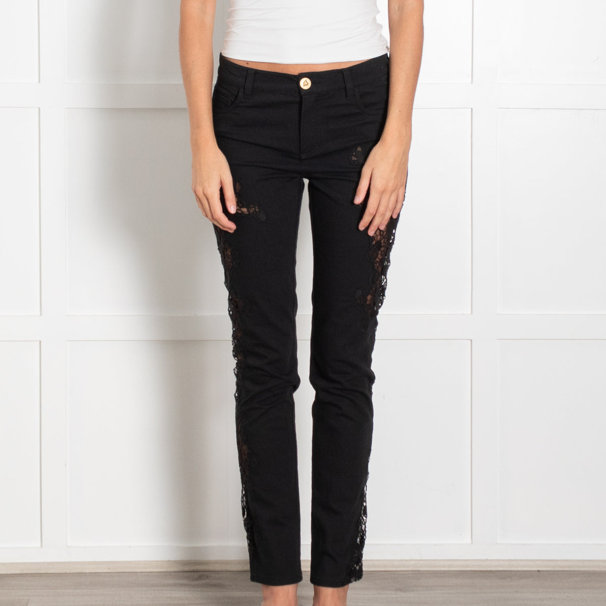 Versace Black Side Lace Cut Out Detail Jeans