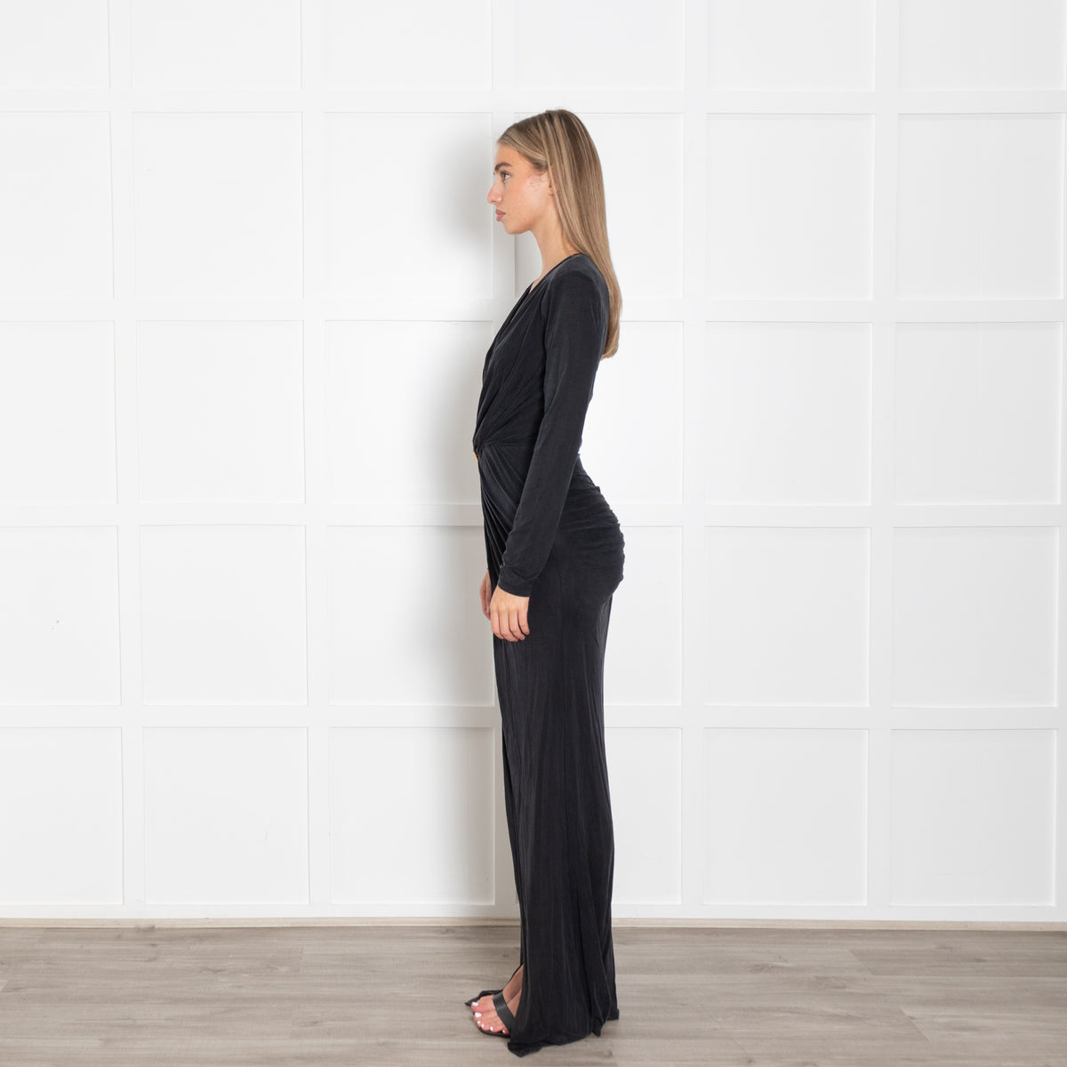 Elisabetta Franchi Black Gathered Waist with Jewel Buckle Gown