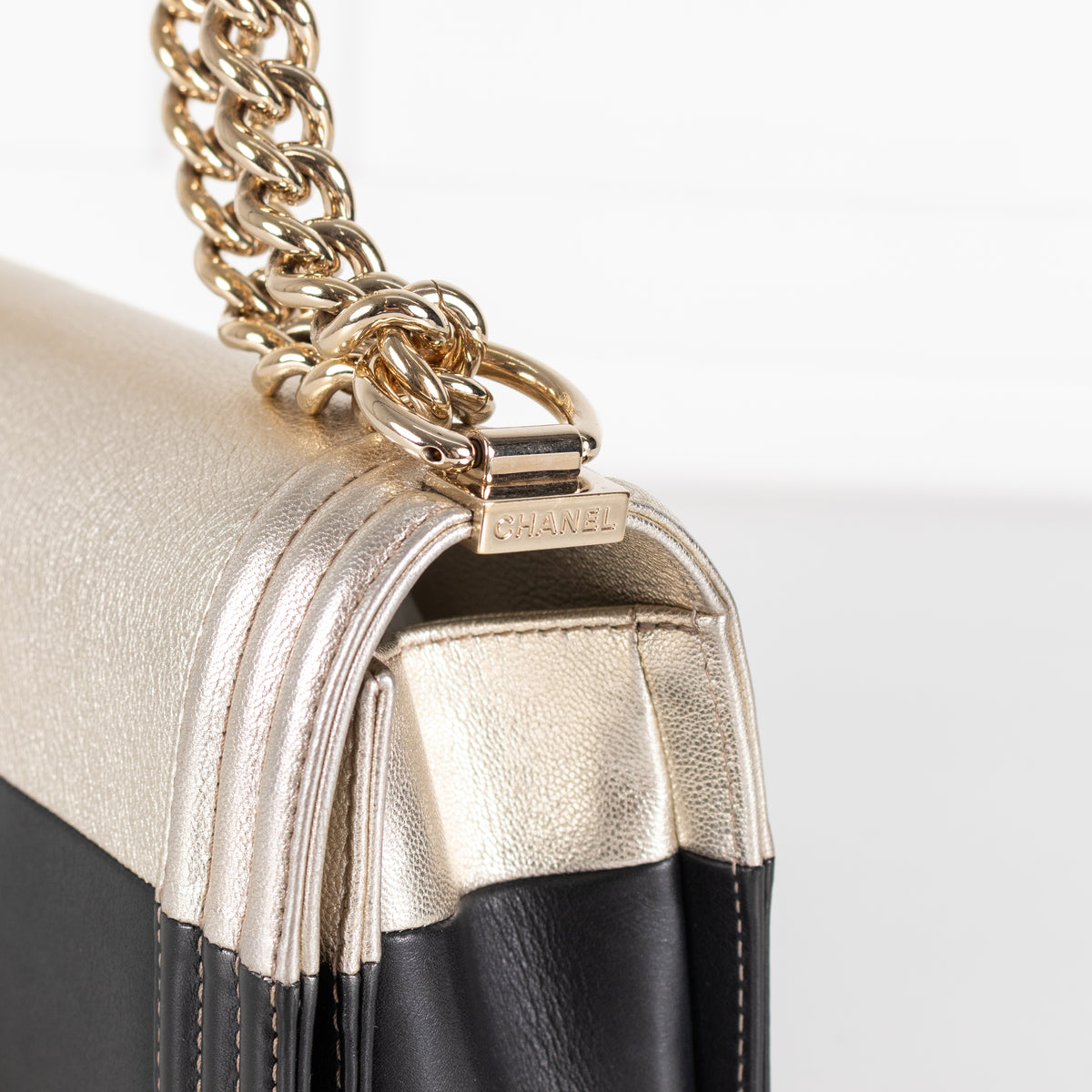Chanel Medium Boy Coco Mark Black and Metallic Gold Leather Shoulder Bag
