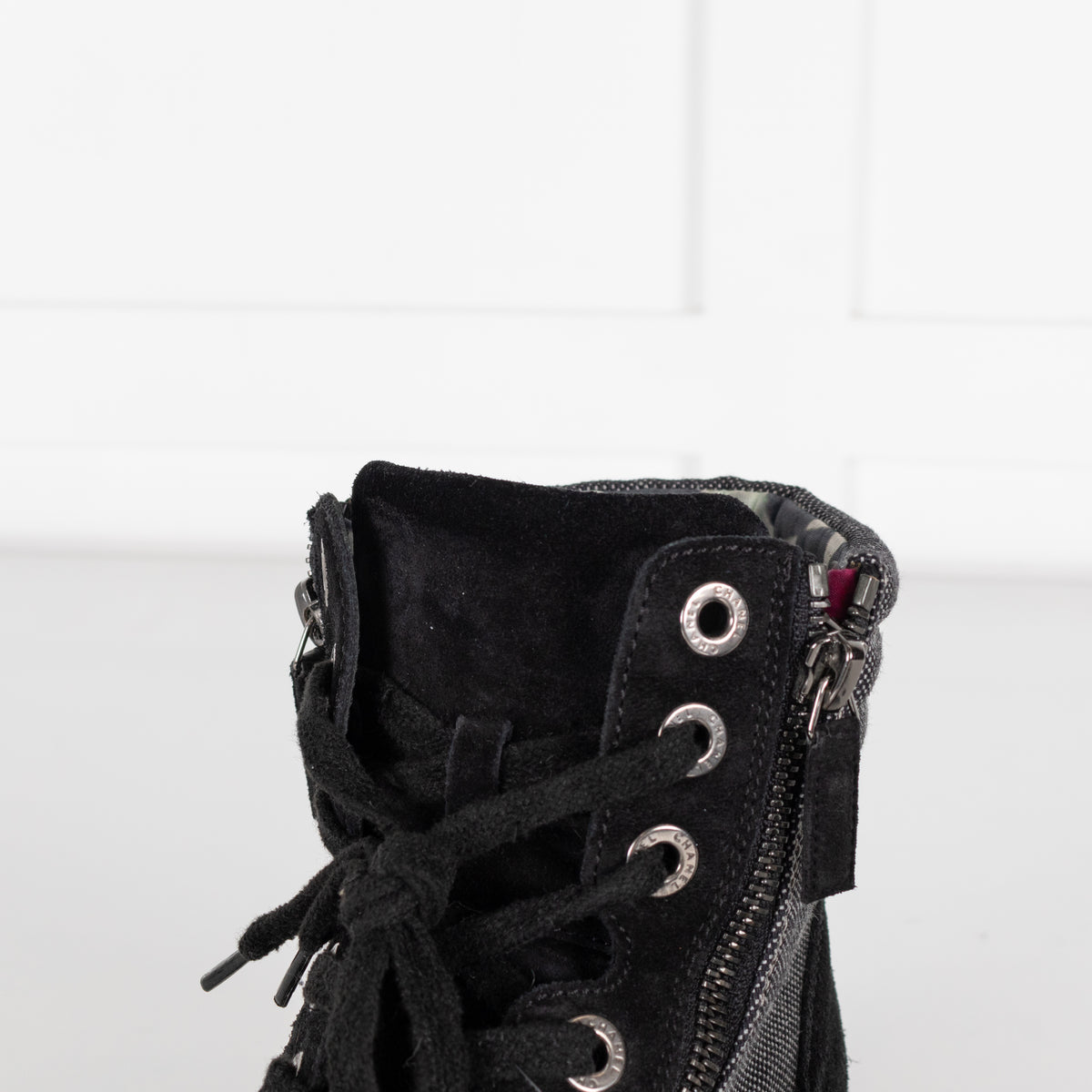 Chanel Black Suede And Canvas Lace Up Ankle Boots