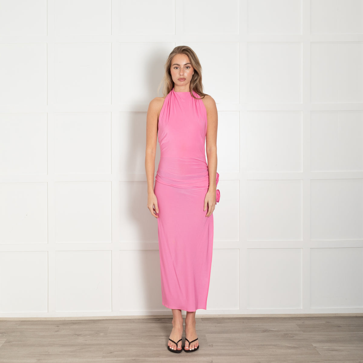 Magda Butrym Pink Viscose Halterneck With Flowers and Side Split