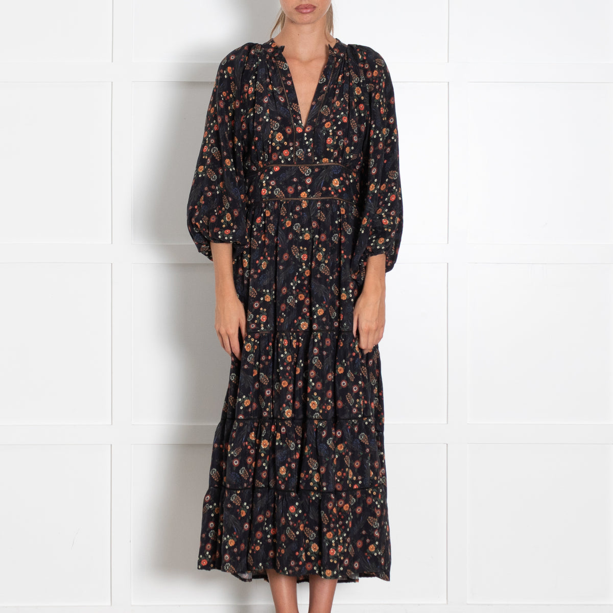 Lug Von Siga Black Orange Green Floral Tiered Midi Dress