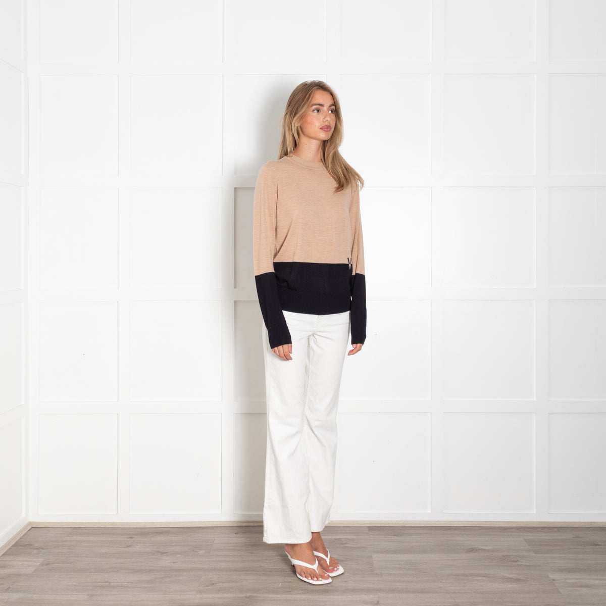 Victoria Victoria Beckham Sand Merino Wool Jumper With Navy Stripe