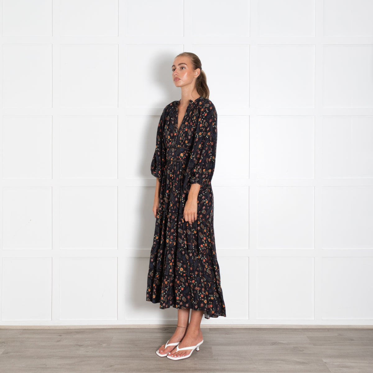 Lug Von Siga Black Orange Green Floral Tiered Midi Dress