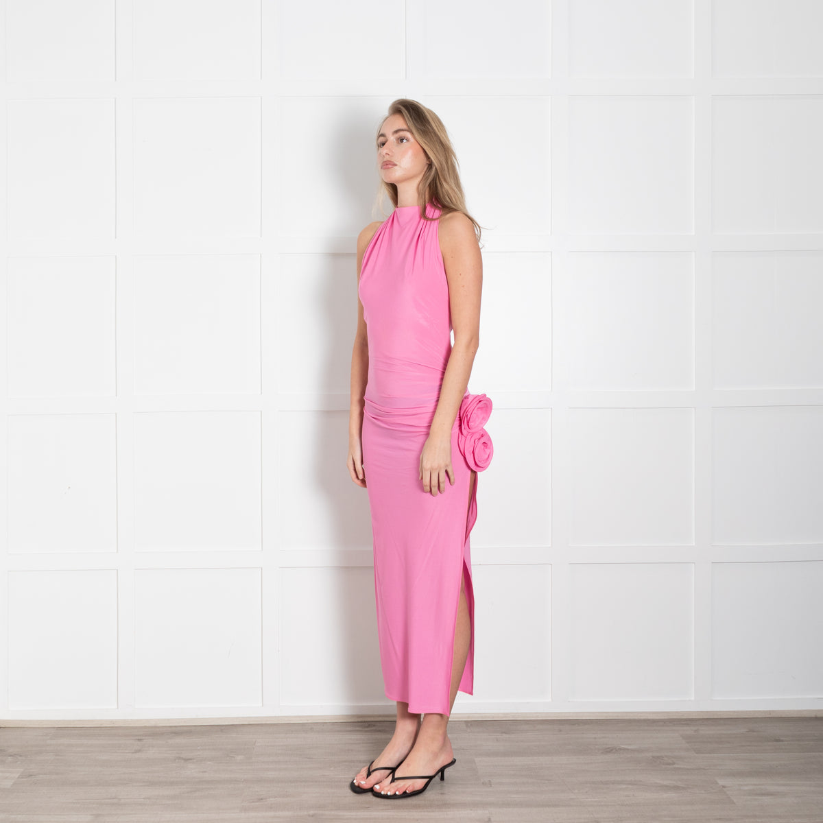 Magda Butrym Pink Viscose Halterneck With Flowers and Side Split