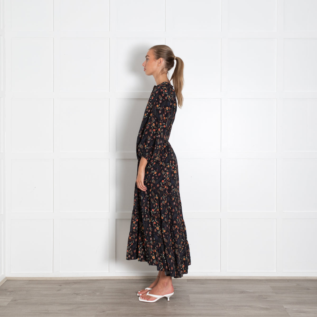 Lug Von Siga Black Orange Green Floral Tiered Midi Dress