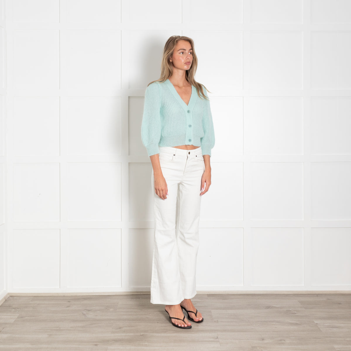 Masscob Turquoise Mohair Knit Button Up V- Neck Cropped Jumper
