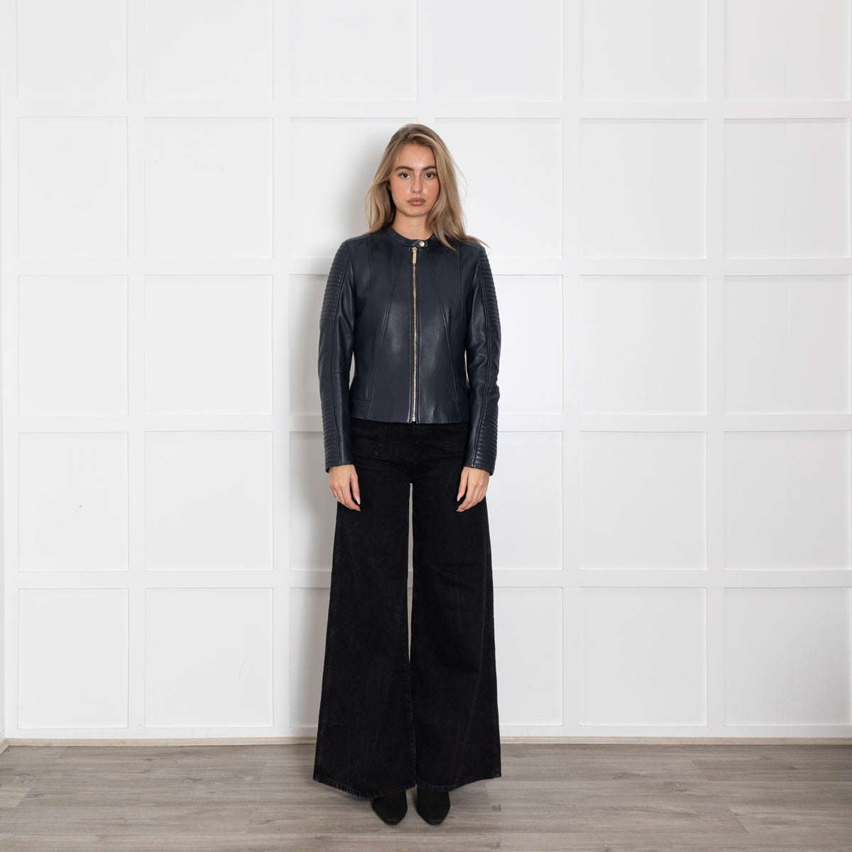 Boss Navy Blue Leather Zip Up Jacket