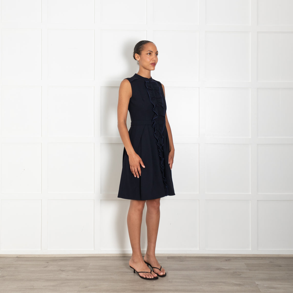 Machka Navy Blue Sleeveless Dress With Frill & Button Front