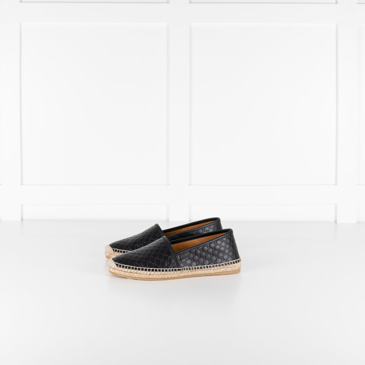Gucci Black Leather Logo Embossed Espadrilles