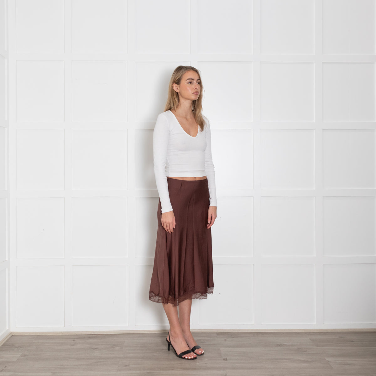 ba&sh Brown Slip Skirt With Lace Hem