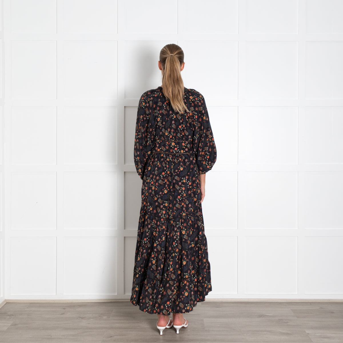 Lug Von Siga Black Orange Green Floral Tiered Midi Dress
