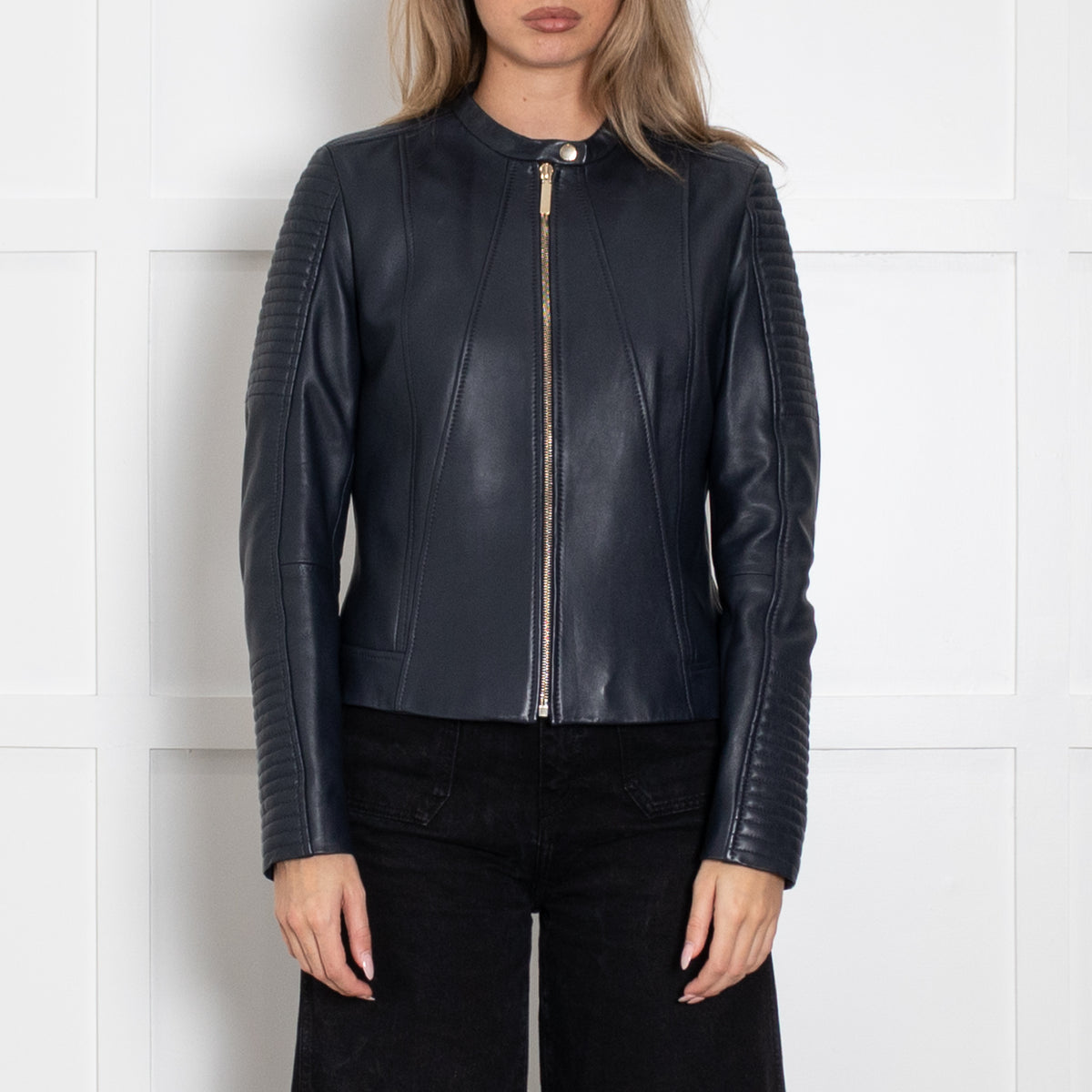 Boss Navy Blue Leather Zip Up Jacket