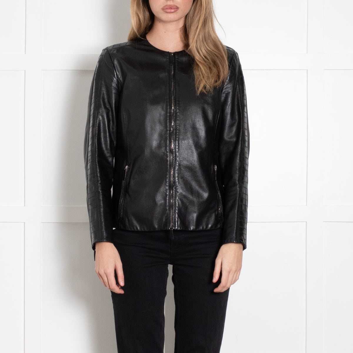 Giorgio Armani Black Lambskin Leather Zip Up Jacket