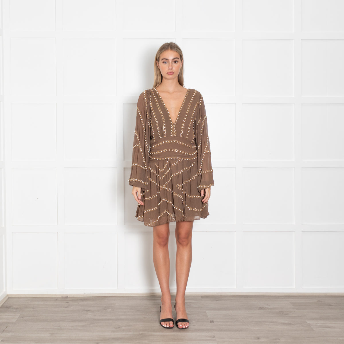 Free People Brown Pearl and Bead Mini Dress