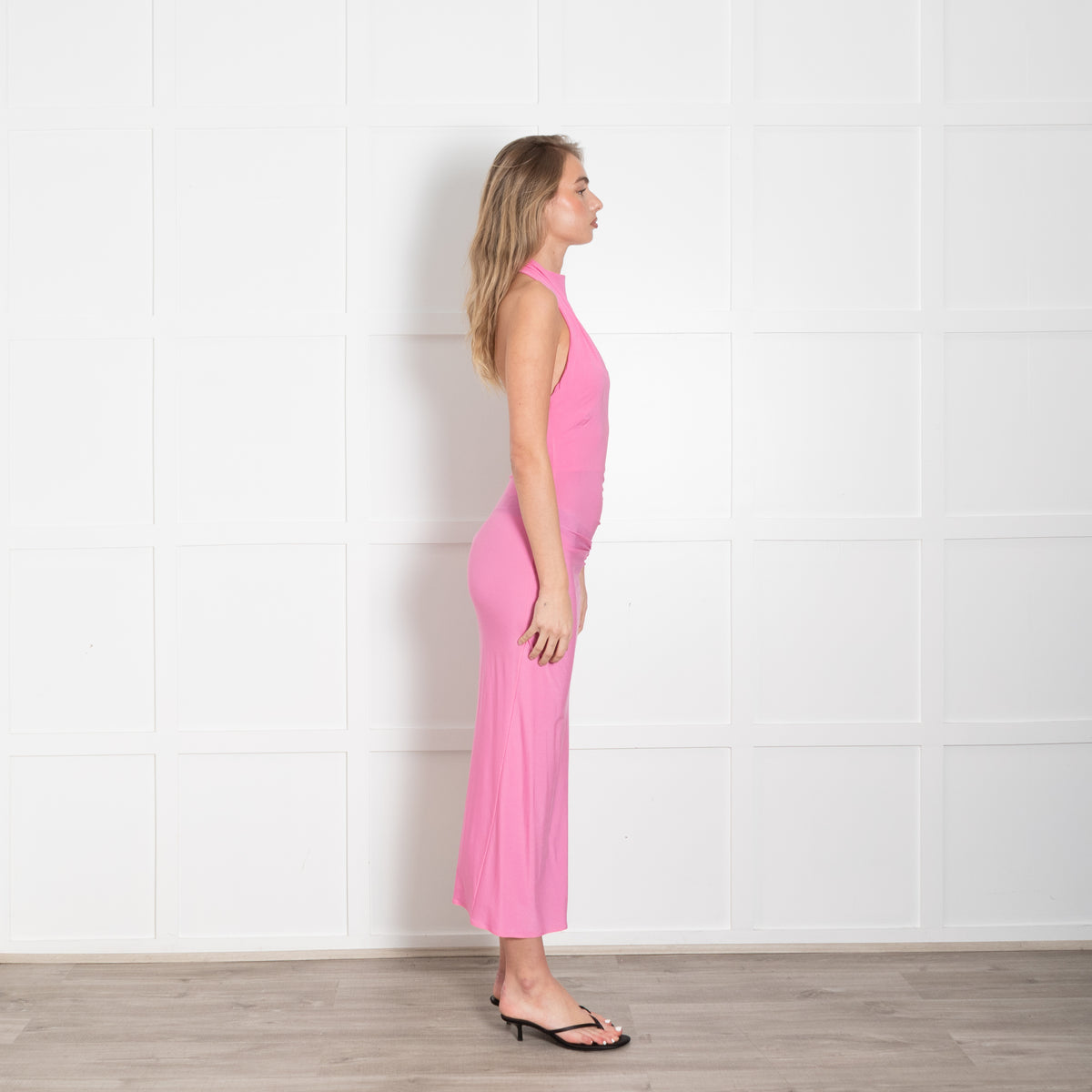 Magda Butrym Pink Viscose Halterneck With Flowers and Side Split