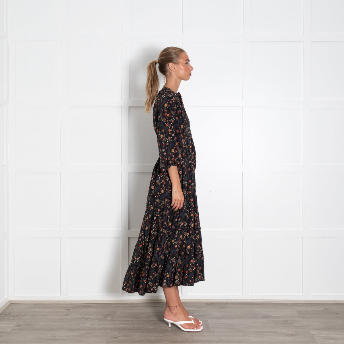 Lug Von Siga Black Orange Green Floral Tiered Midi Dress