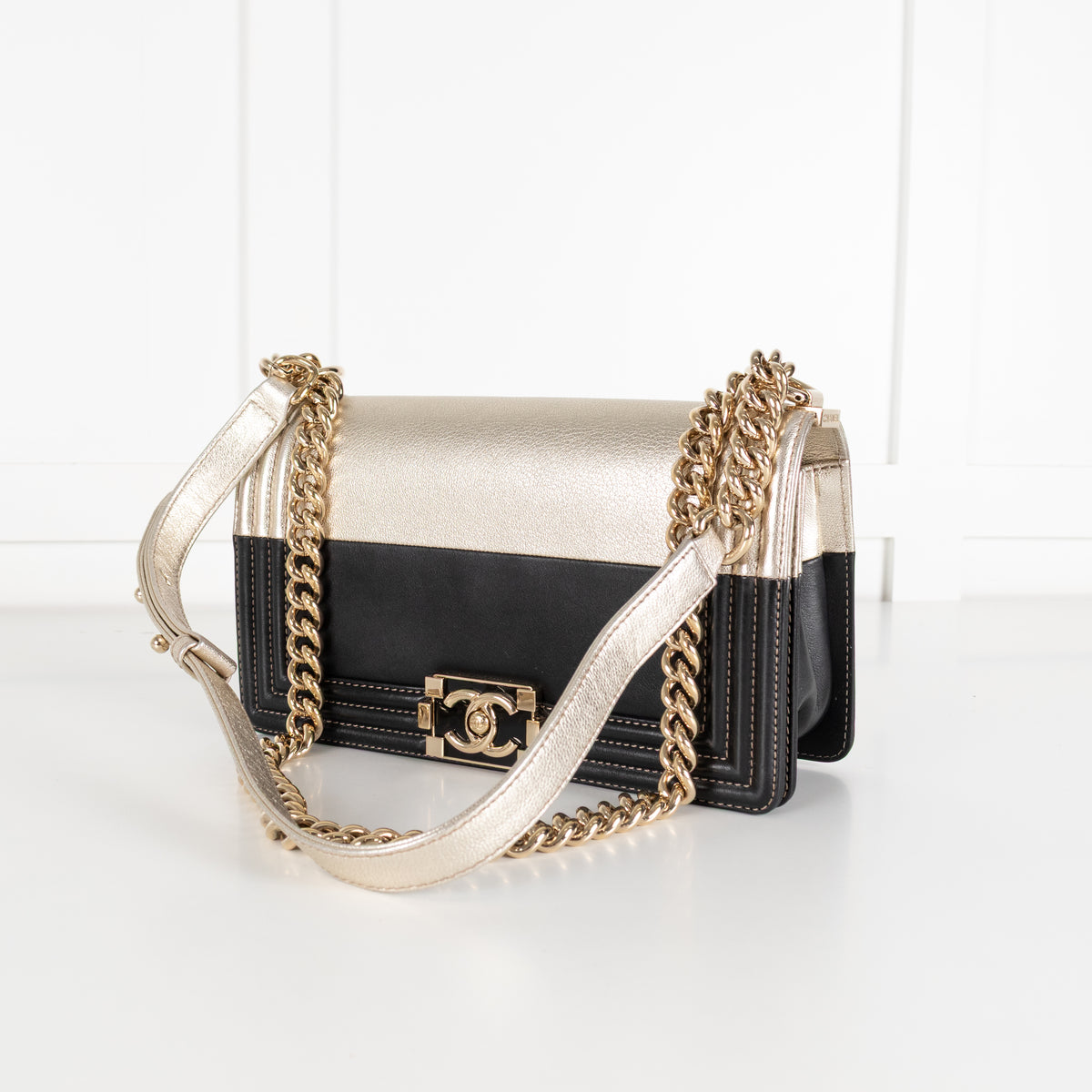 Chanel Medium Boy Coco Mark Black and Metallic Gold Leather Shoulder Bag