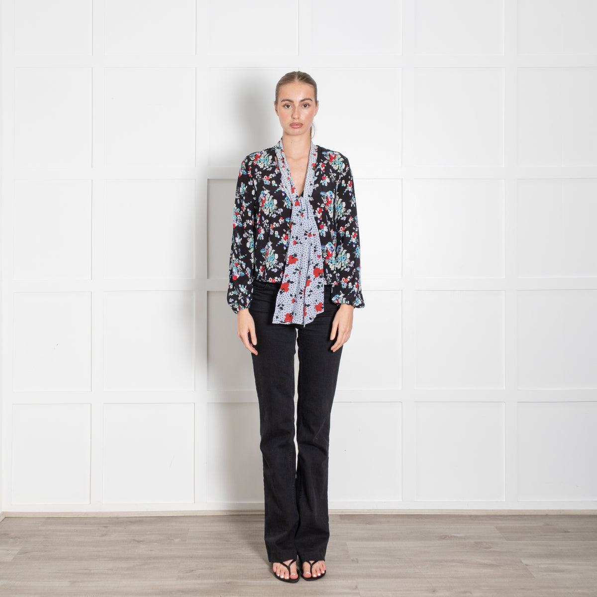 Rixo Black Blue Floral Silk Neck Tie Blouse