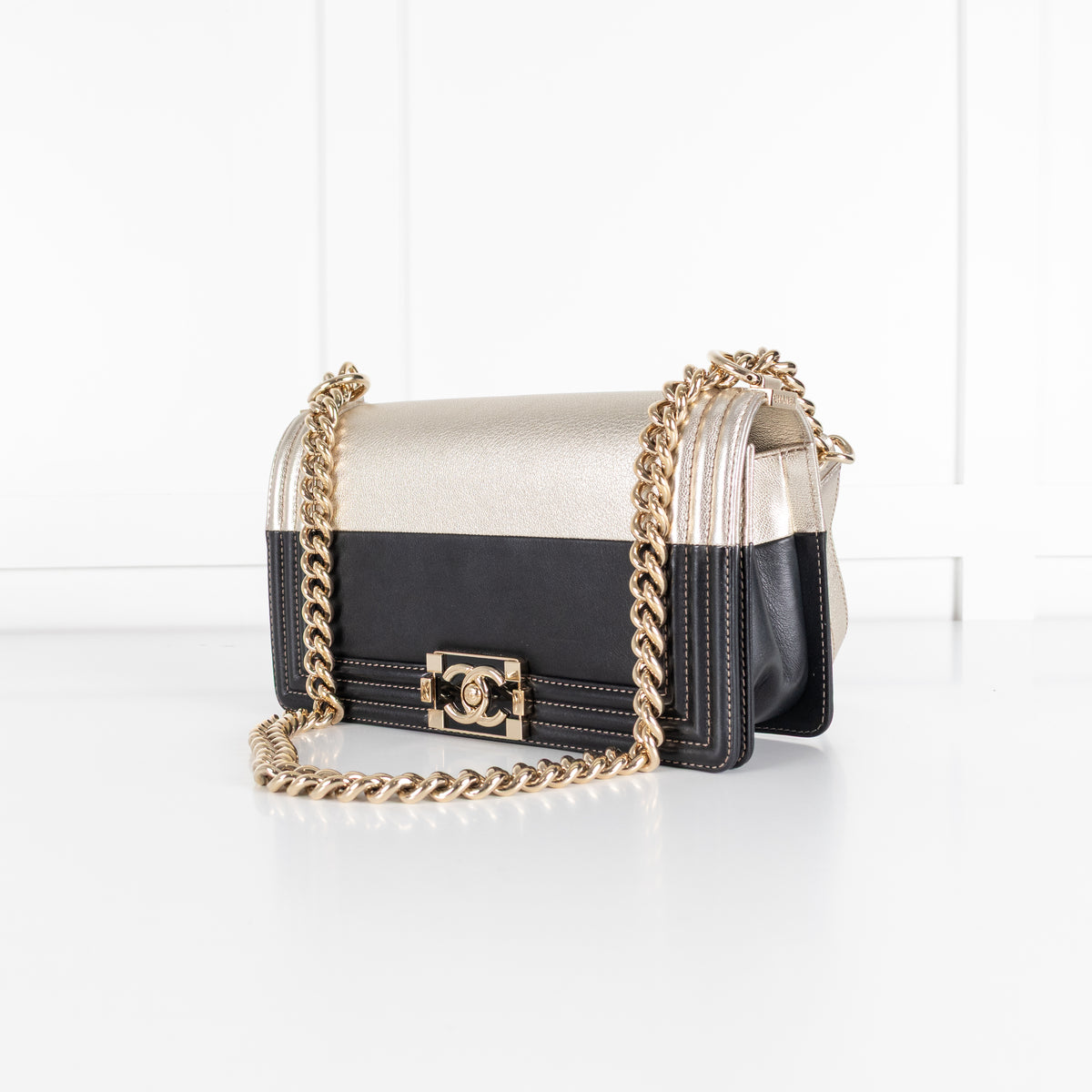 Chanel Medium Boy Coco Mark Black and Metallic Gold Leather Shoulder Bag