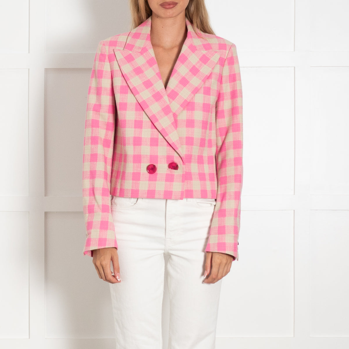 Essentiel Antwerp Pink and Beige Check Cropped Blazer
