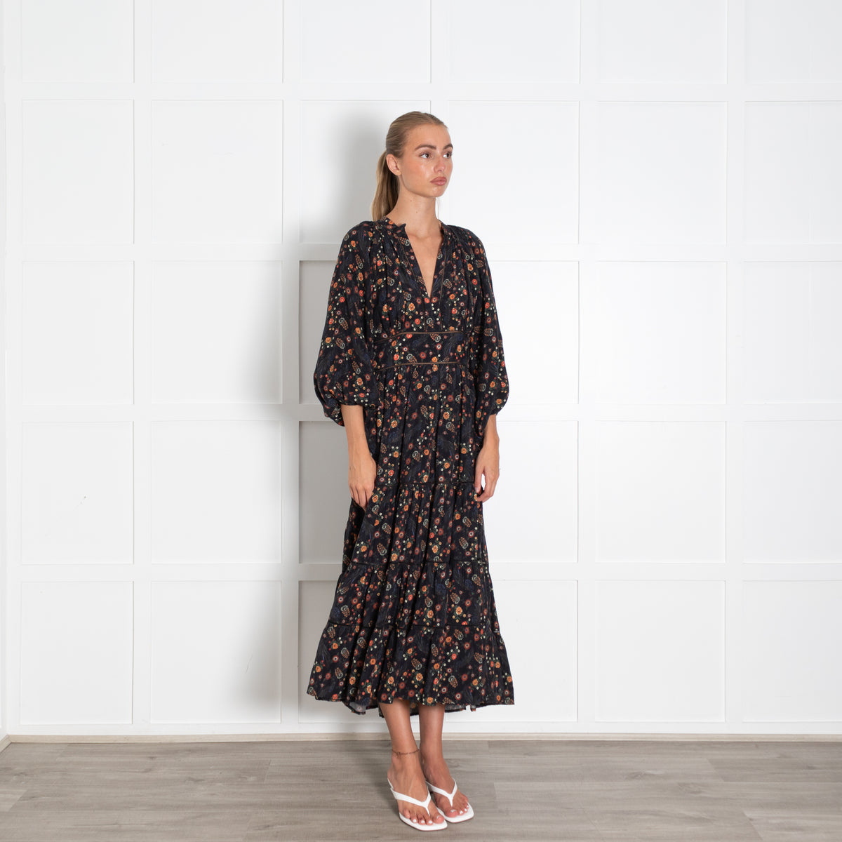 Lug Von Siga Black Orange Green Floral Tiered Midi Dress