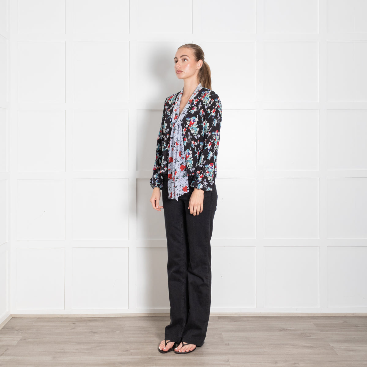 Rixo Black Blue Floral Silk Neck Tie Blouse