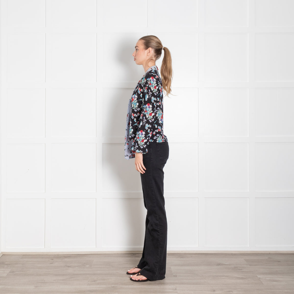 Rixo Black Blue Floral Silk Neck Tie Blouse