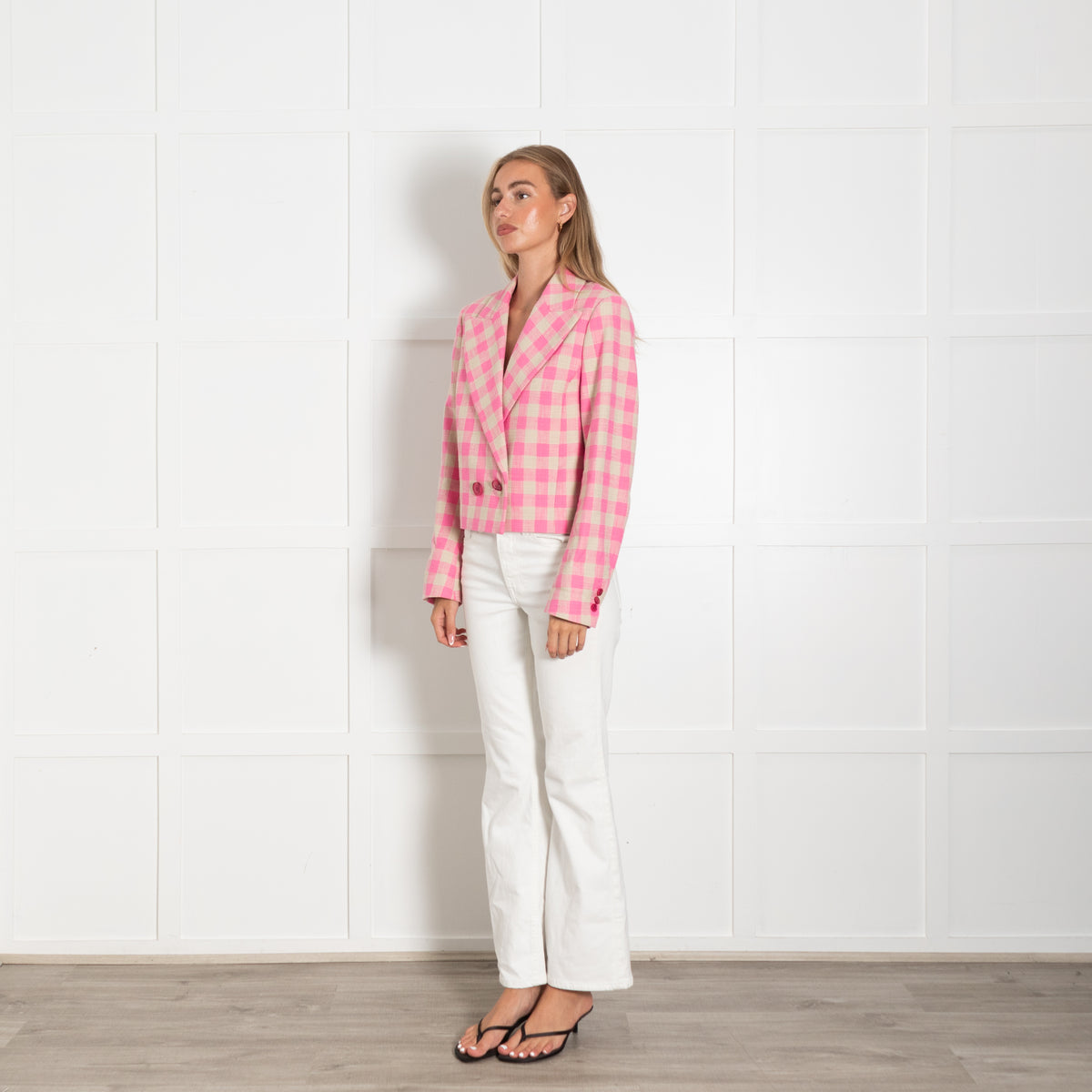 Essentiel Antwerp Pink and Beige Check Cropped Blazer