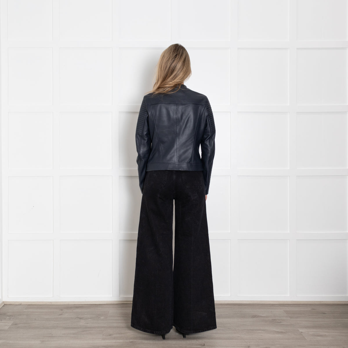 Boss Navy Blue Leather Zip Up Jacket