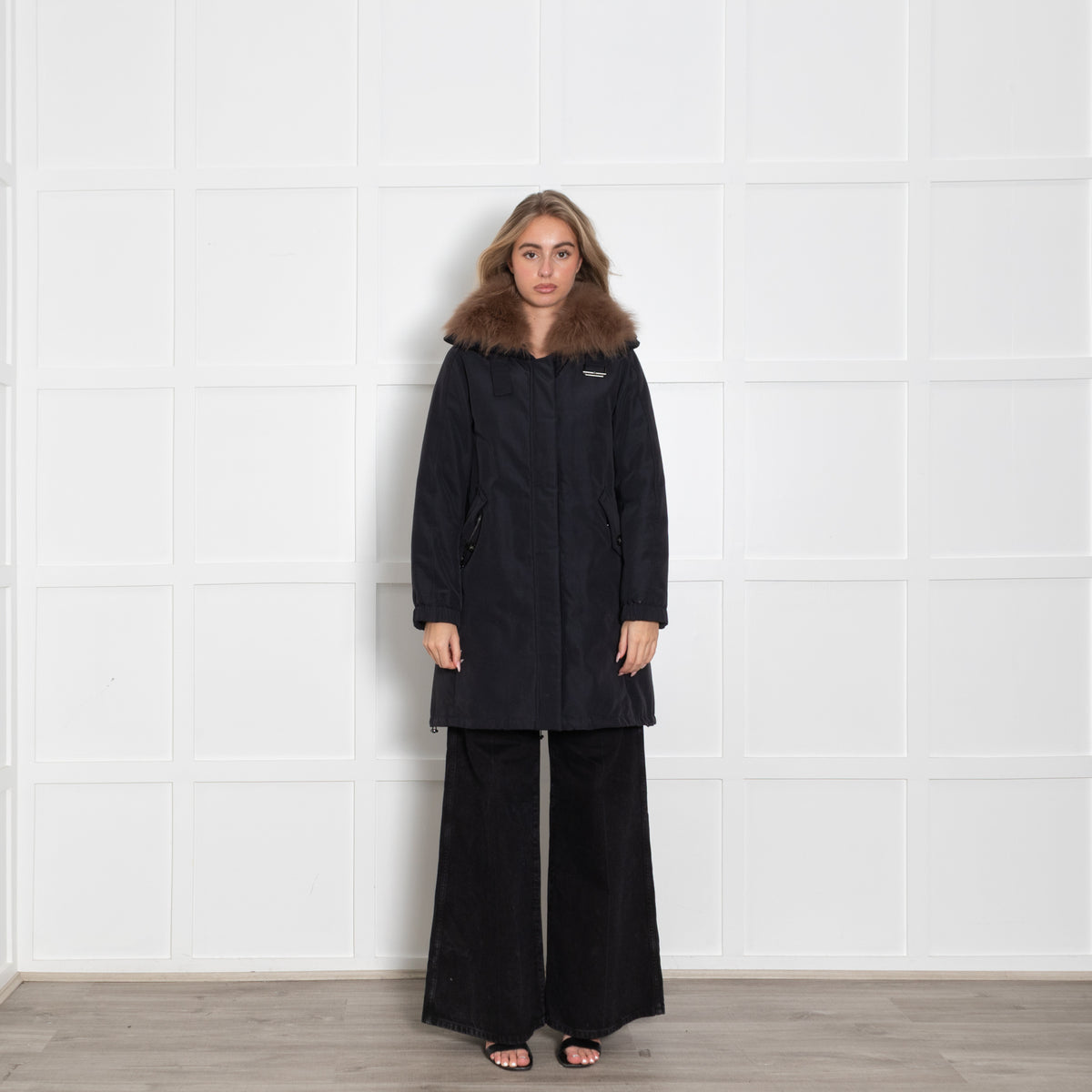 Weekend Max Mara Navy Blue Brown Faux Fur Puffer Coat