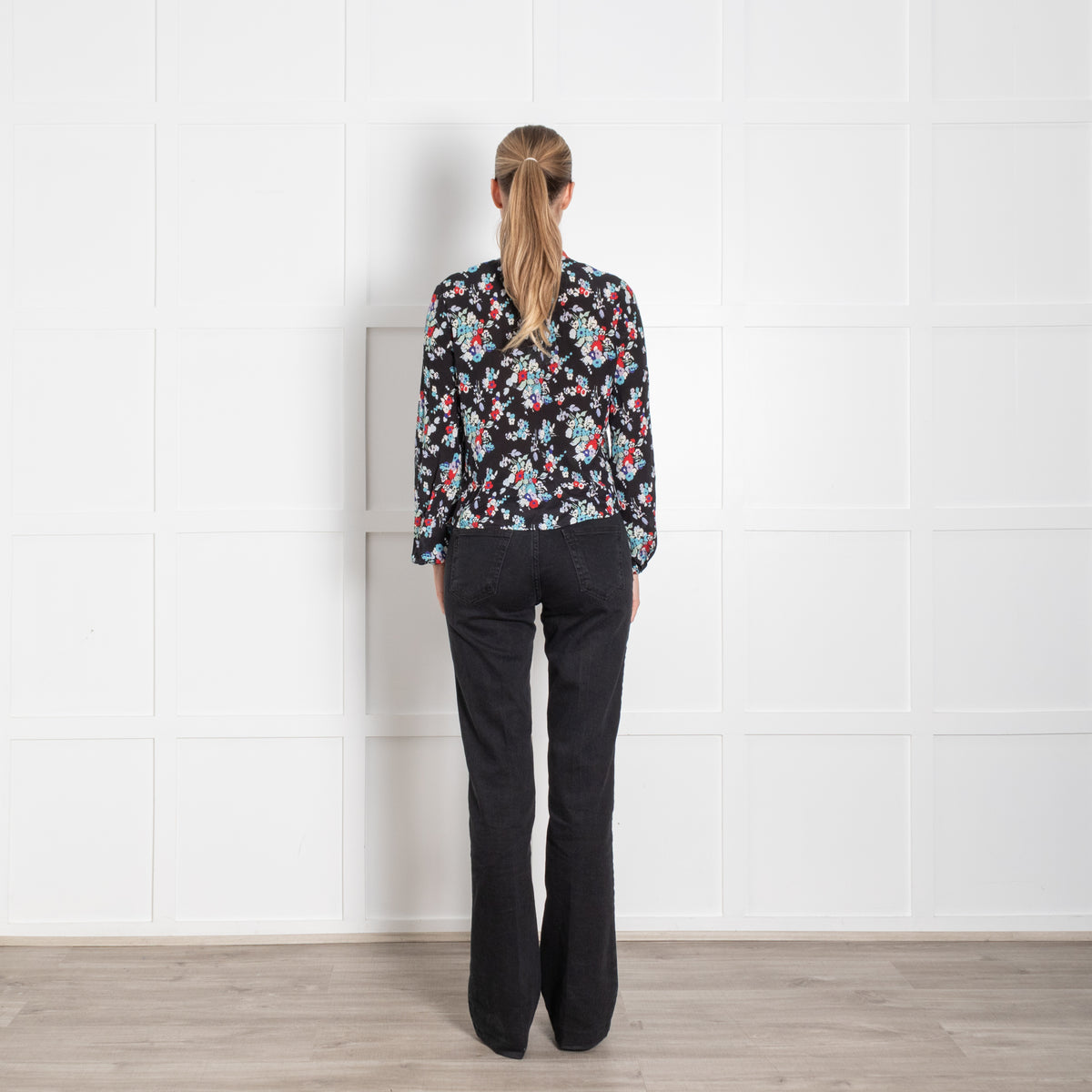 Rixo Black Blue Floral Silk Neck Tie Blouse