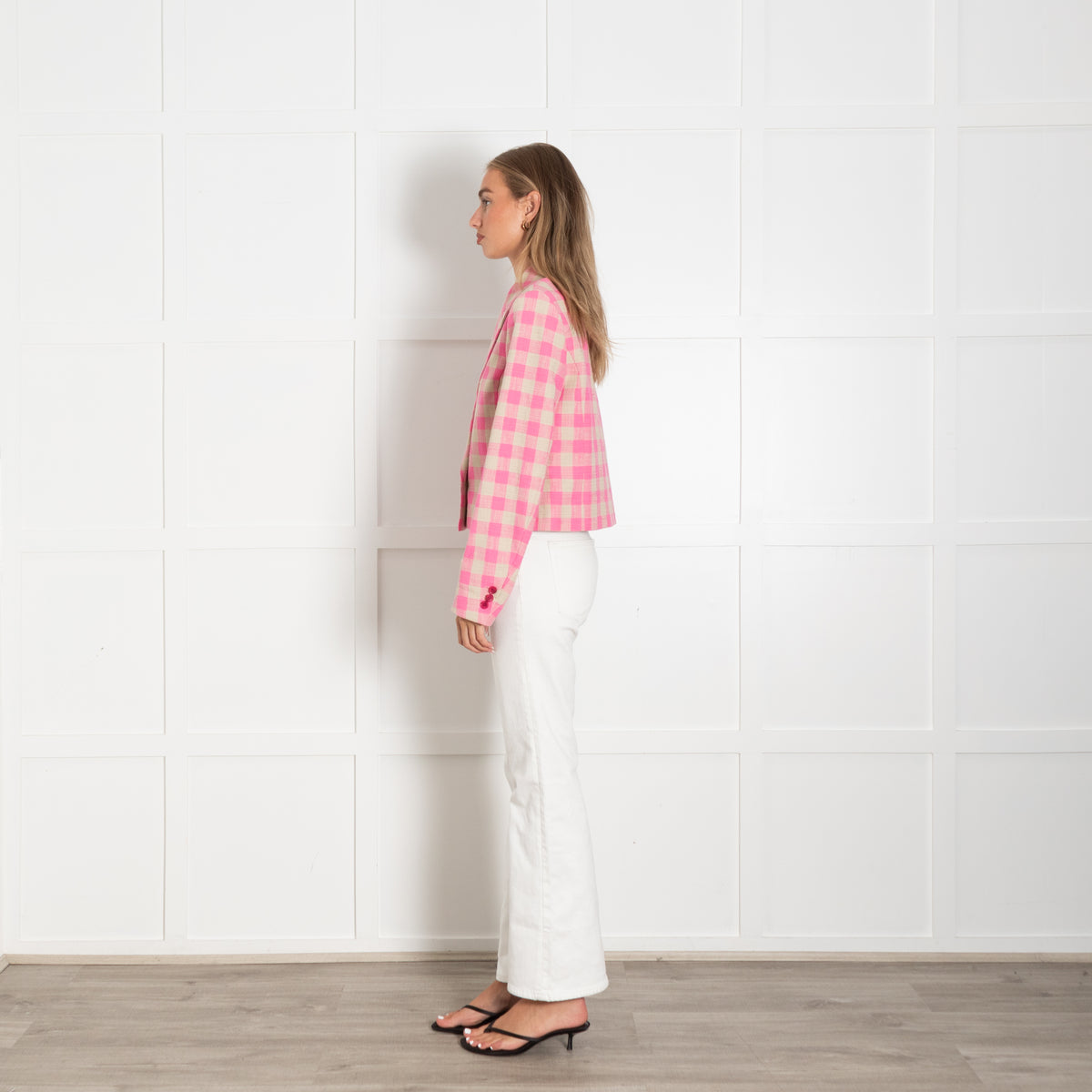 Essentiel Antwerp Pink and Beige Check Cropped Blazer