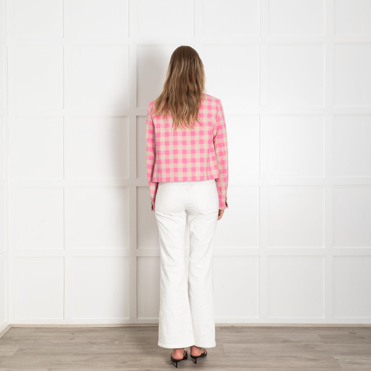 Essentiel Antwerp Pink and Beige Check Cropped Blazer