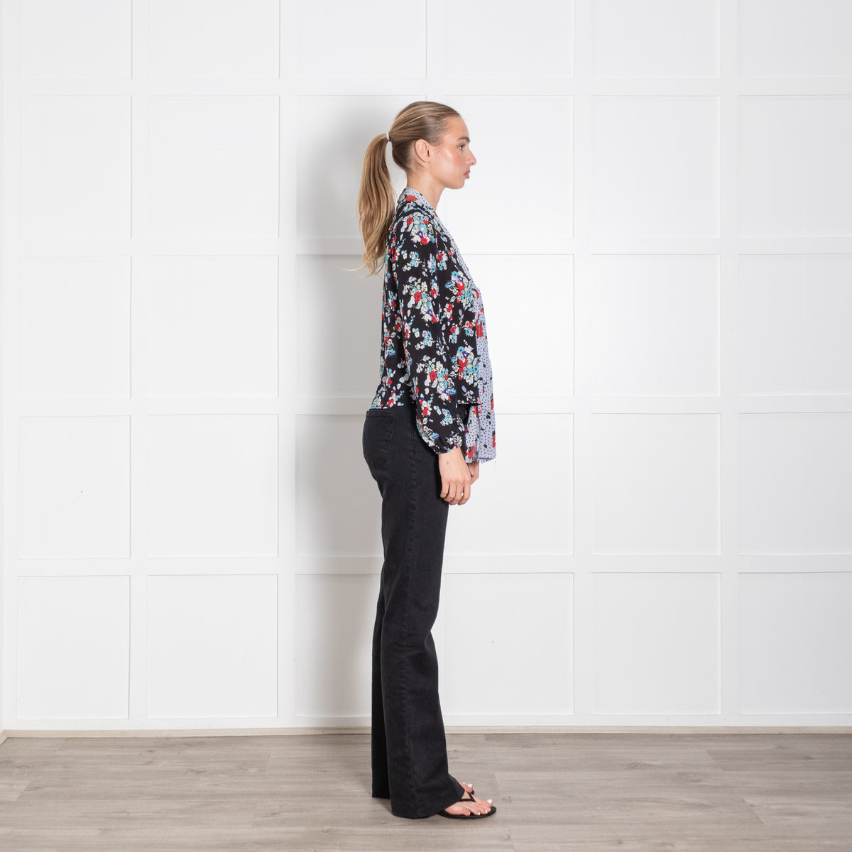 Rixo Black Blue Floral Silk Neck Tie Blouse