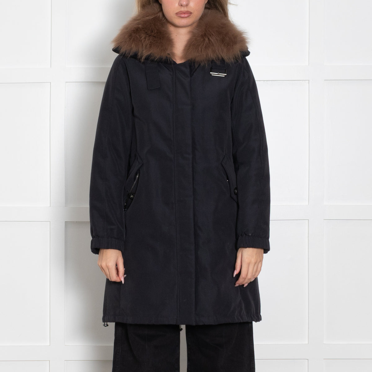 Weekend Max Mara Navy Blue Brown Faux Fur Puffer Coat