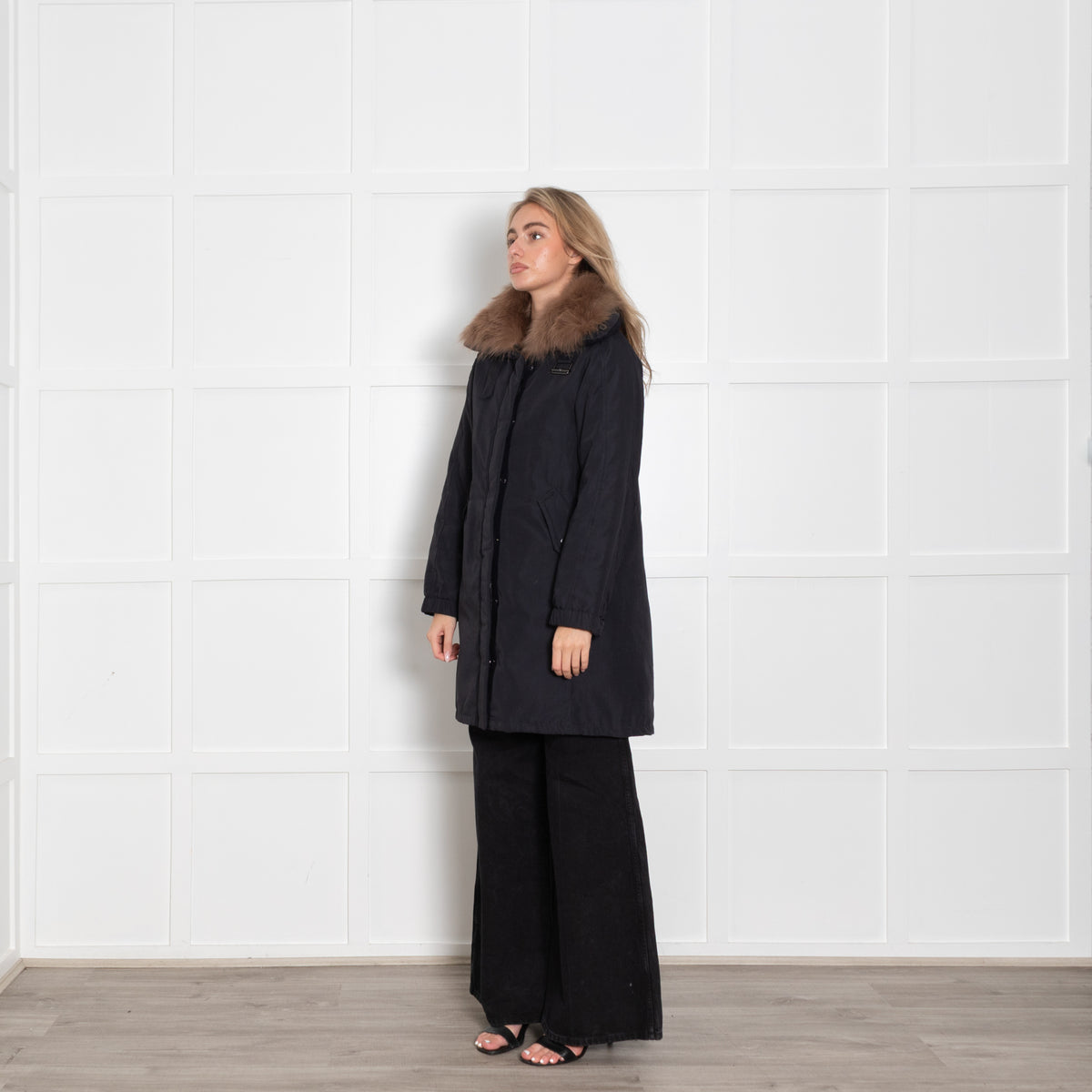 Weekend Max Mara Navy Blue Brown Faux Fur Puffer Coat