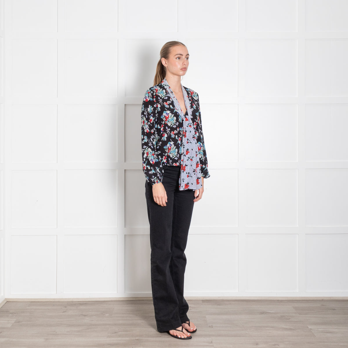 Rixo Black Blue Floral Silk Neck Tie Blouse