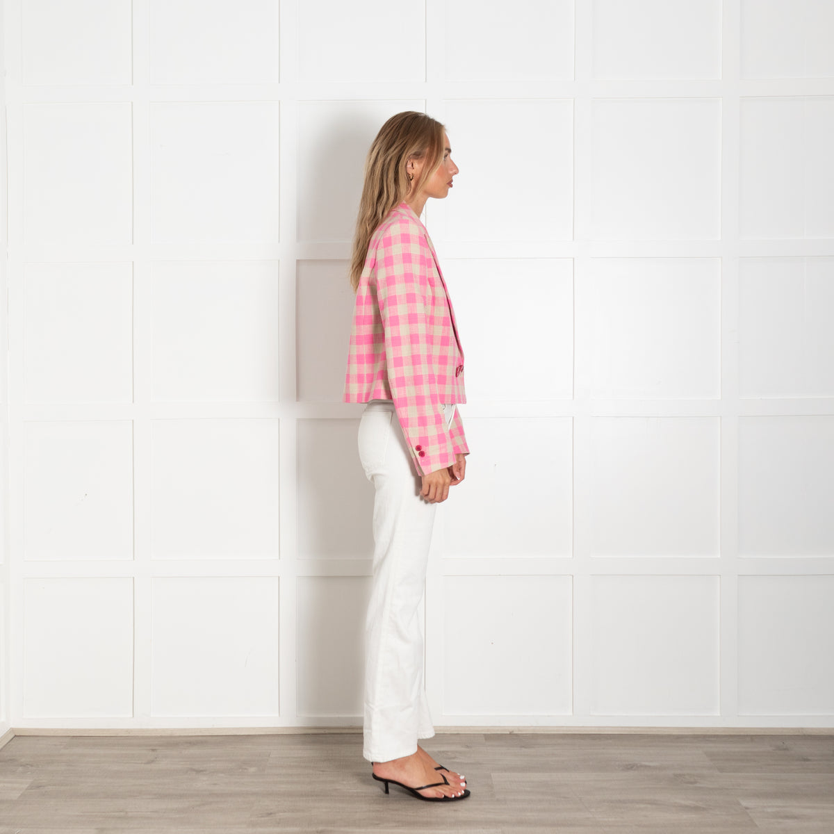 Essentiel Antwerp Pink and Beige Check Cropped Blazer