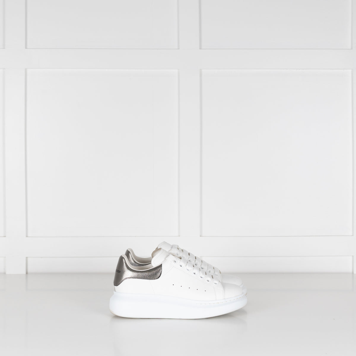 Alexander McQueen White Leather Trainers with Gunmetal Heel Tab