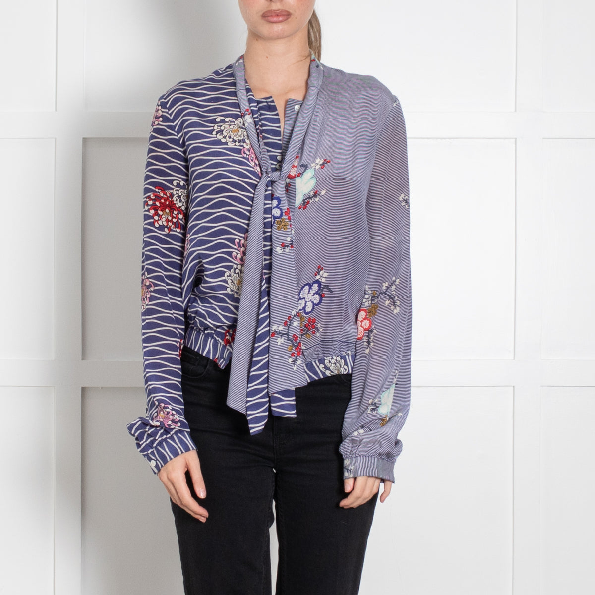 Iris Blue Floral Striped Silk Tie Up Blouse