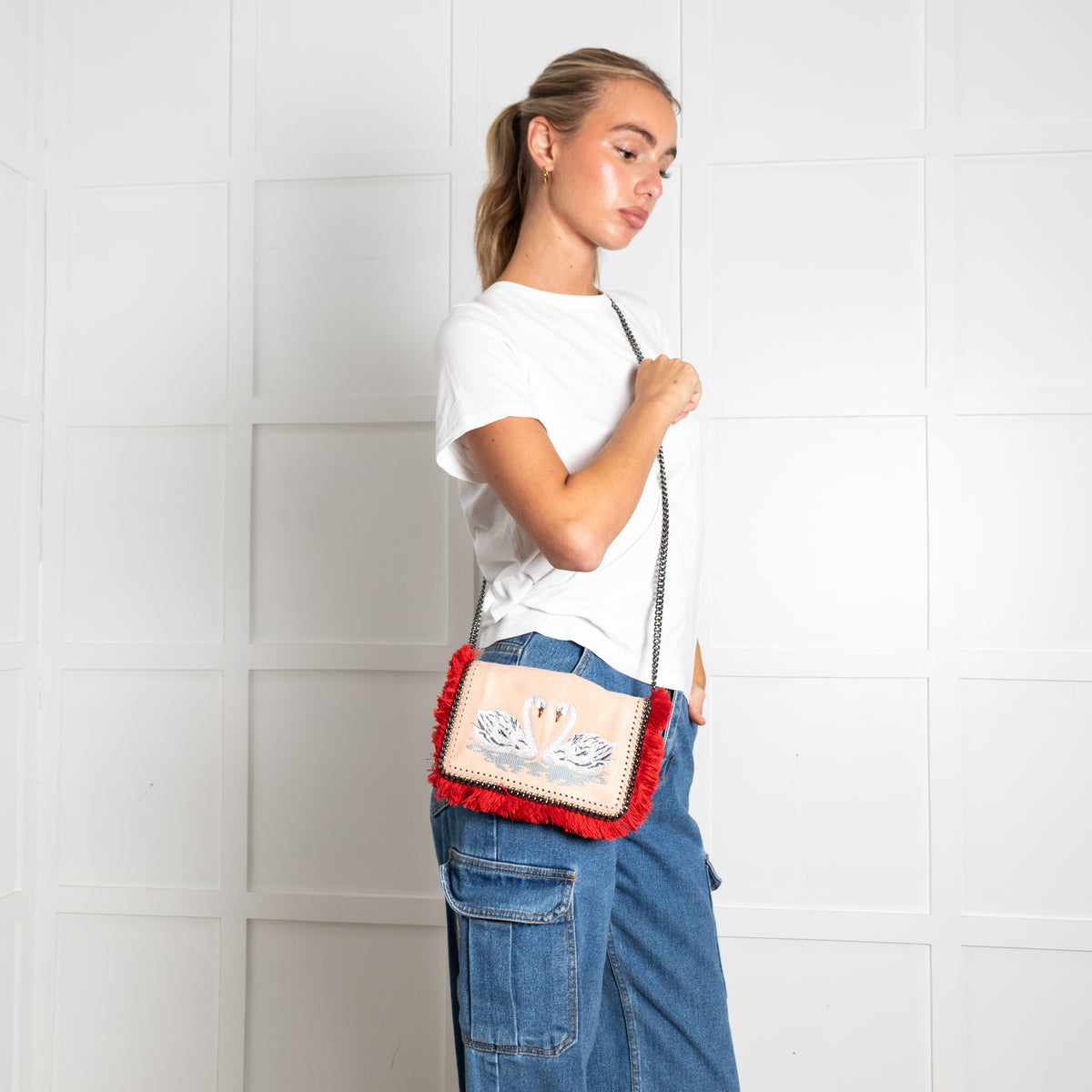 Stella McCartney Peach Swan Embroidery Falabella Crossbody Bag