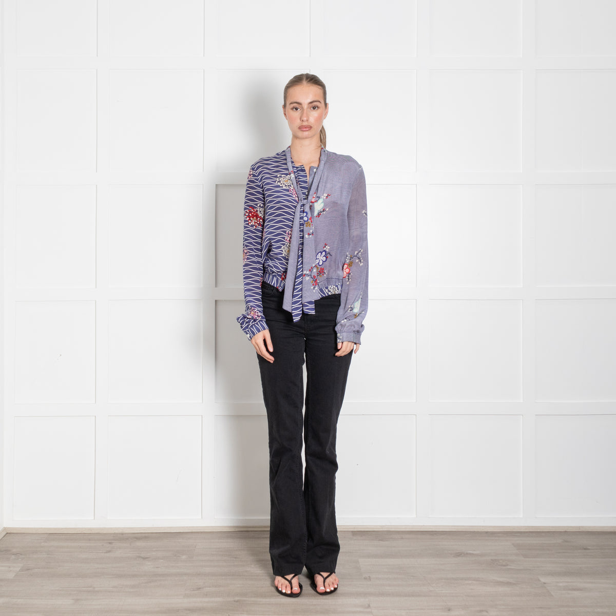 Iris Blue Floral Striped Silk Tie Up Blouse