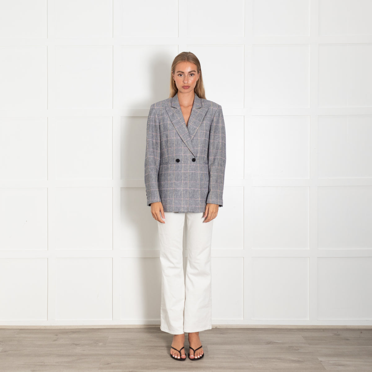 Sandro Grey White Plaid Double Breasted Tailored Blazer