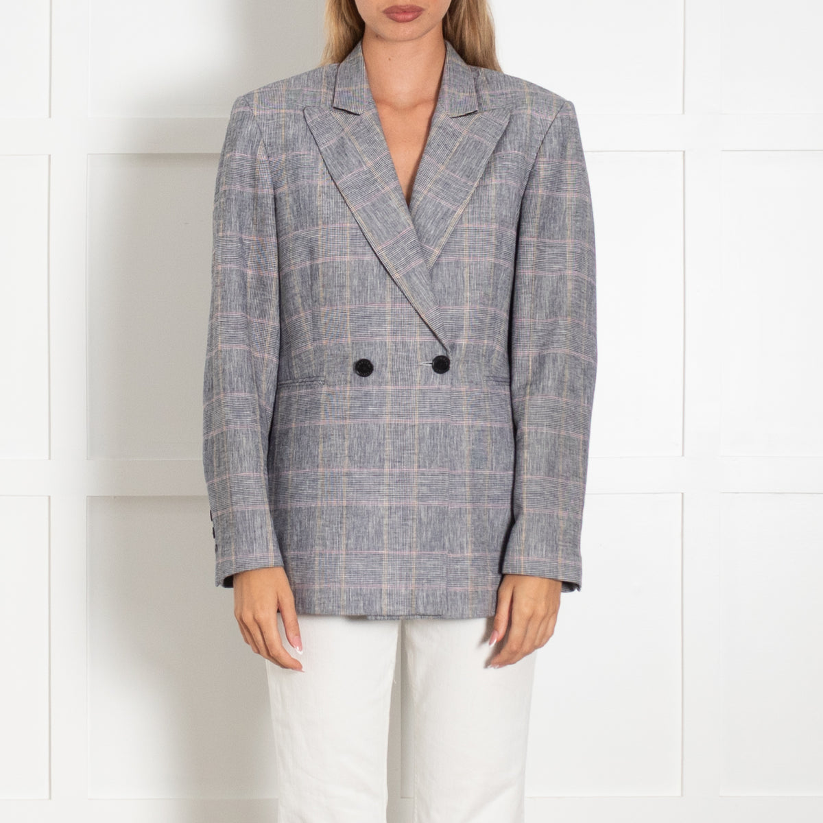 Sandro Grey White Plaid Double Breasted Tailored Blazer