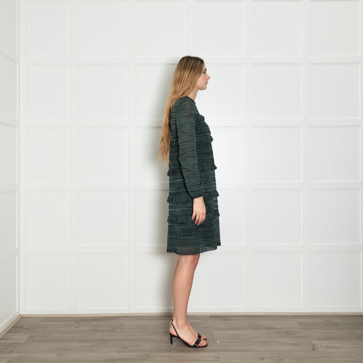 M Missoni Teal Black Knit Frill Trim Long Sleeve Dress With Slip