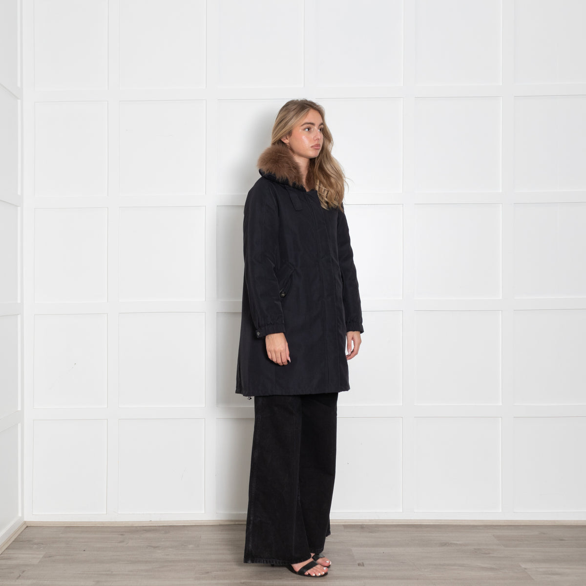 Weekend Max Mara Navy Blue Brown Faux Fur Puffer Coat