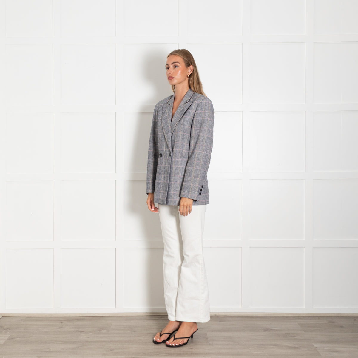 Sandro Grey White Plaid Double Breasted Tailored Blazer