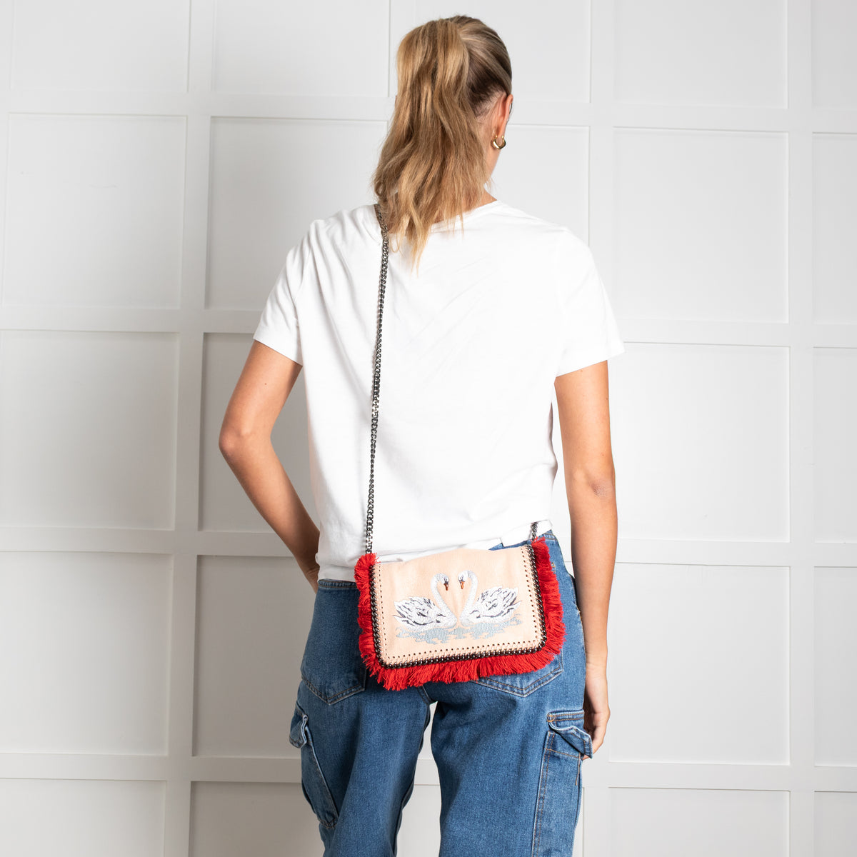 Stella McCartney Peach Swan Embroidery Falabella Crossbody Bag