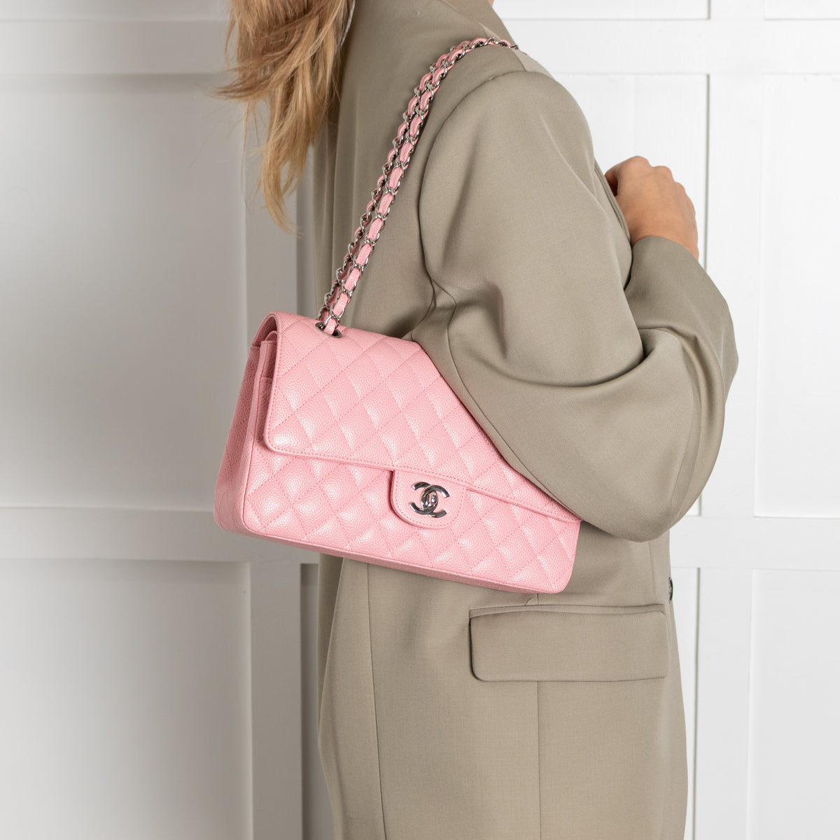 Chanel Pink Caviar Medium Flap Bag with Silver Hardwear